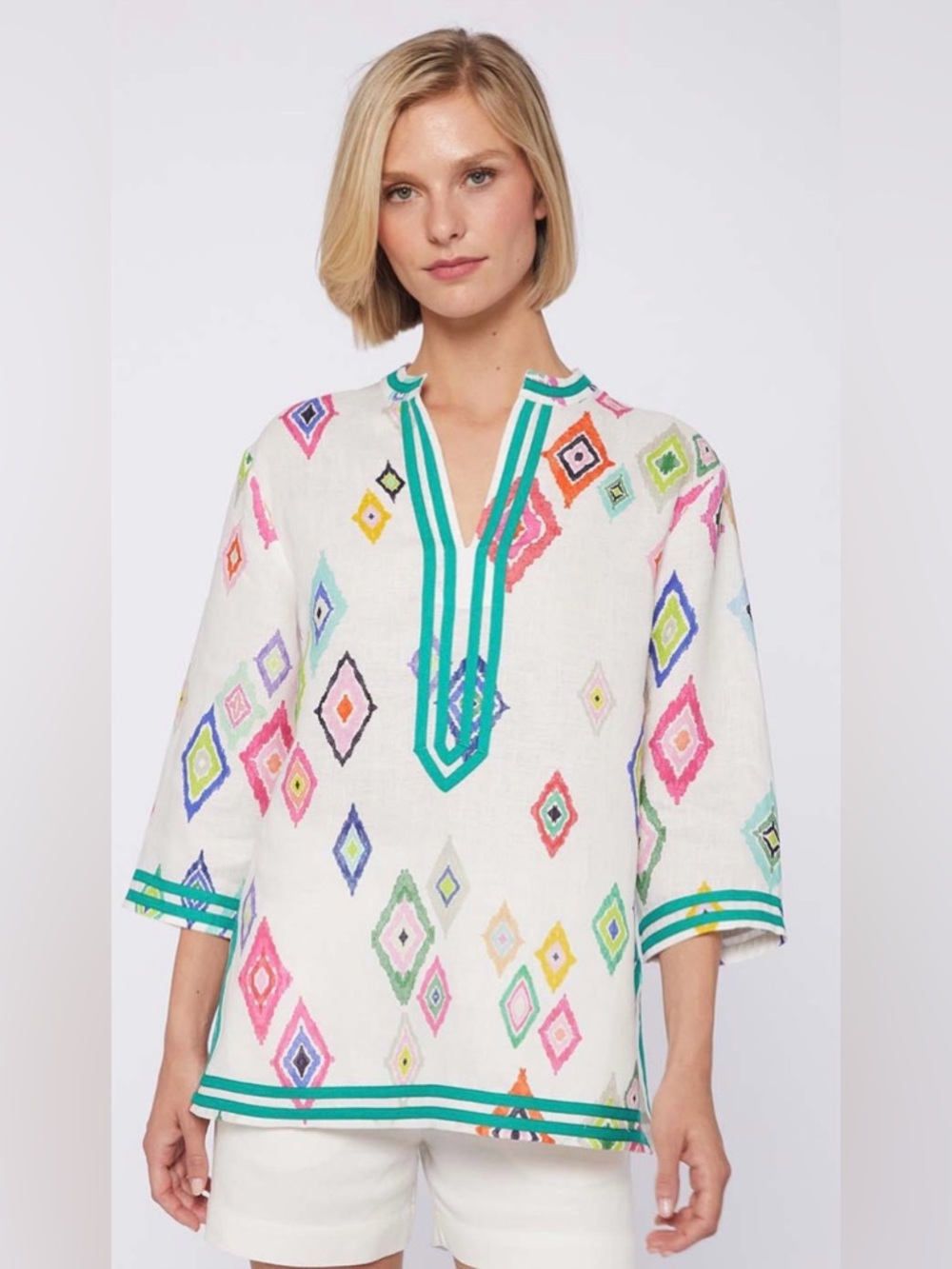 Vilagallo 100% Linen Ikat Tunic Contrast Trim Portugal Sz S 38 Colorful